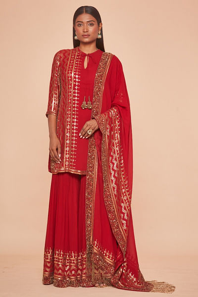 Red chevron sequin embroidered sharara set