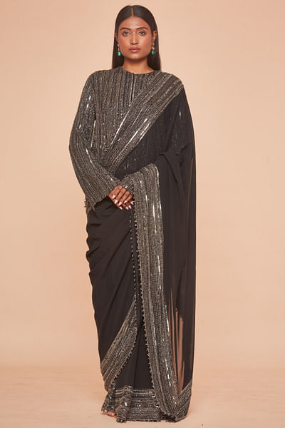 Black and silver sequin embroidered sari set