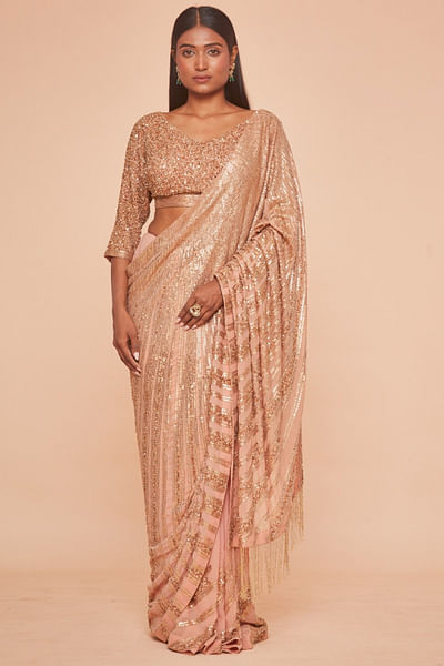 Blush pink sequin embroidered sari set