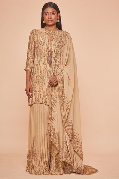 Beige sequin embroidered gharara set