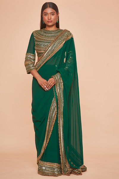 Emerald mirror and sequin embroidered sari set