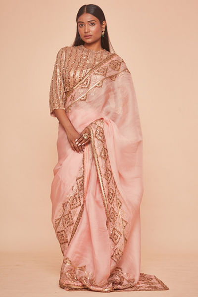 Blush pink square sequin embroidered sari set