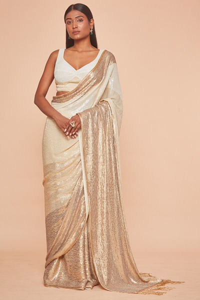 Ivory sequin embroidered sari set