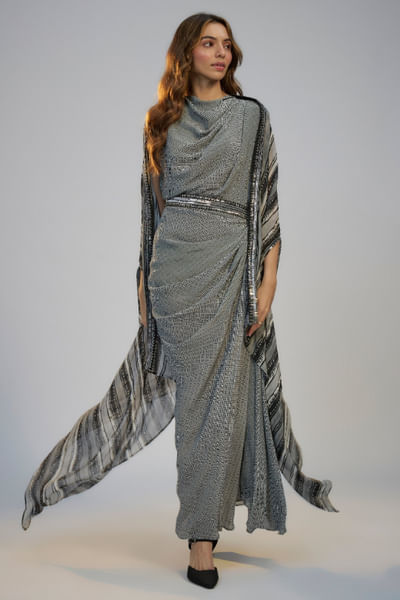 Black printed cape dress