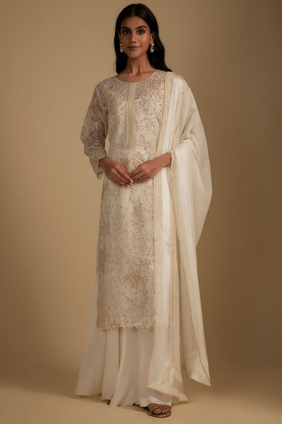 White embroidered kurta and sharara set