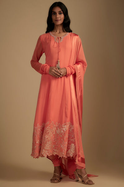 Peach zardozi embroidered anarkali set