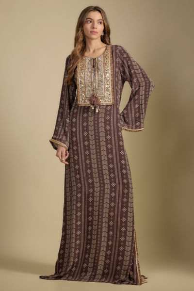 Brown printed and embroidered dress