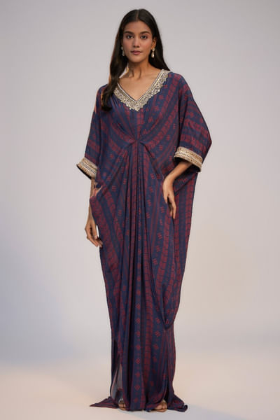 Navy blue printed draped dress