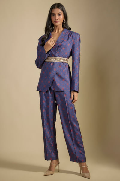 Navy blue printed blazer set