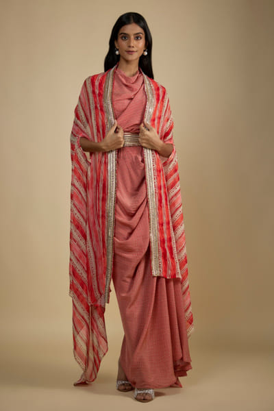 Red stripe printed cape and dress