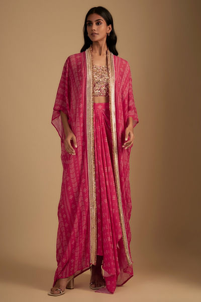 Fuchsia pink embroidered cape set