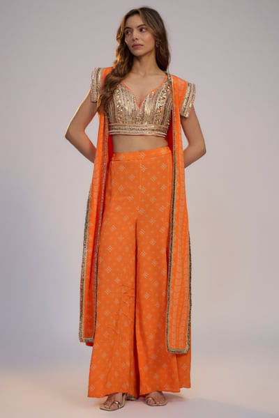 Orange printed sharara and jacket set