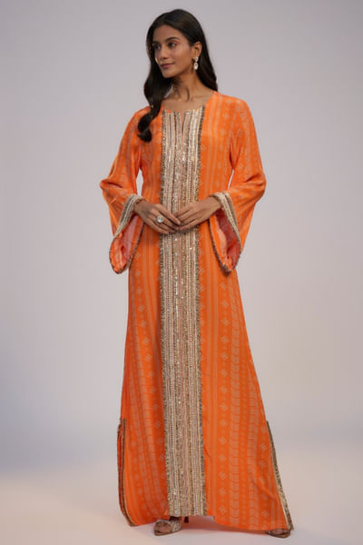Orange printed and embroidered dress