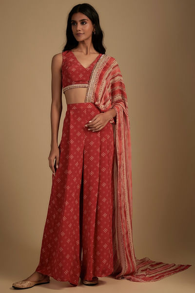 Red pre-draped pant sari set