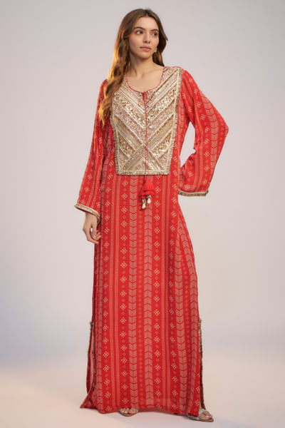 Red printed and embroidered dress