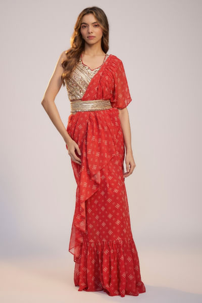 Red printed pre draped sari set