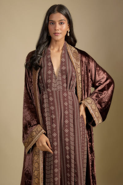 Brown printed jumpsuit and cape