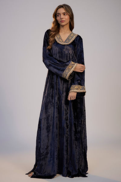 Dark blue velvet embroidered dress