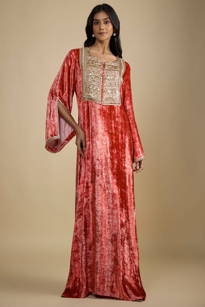 Red Printed & Embroidered Velvet Kaftan
