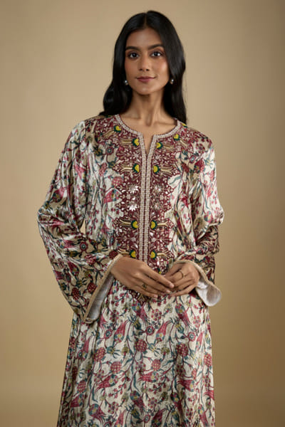 Beige printed and embroidered velvet kaftan