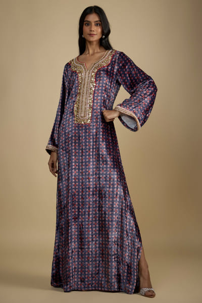 Blue printed and embroidered velvet kaftan