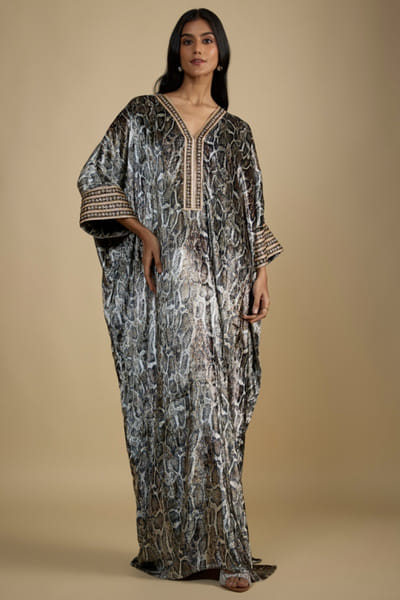 Snake print velvet embroidered kaftan