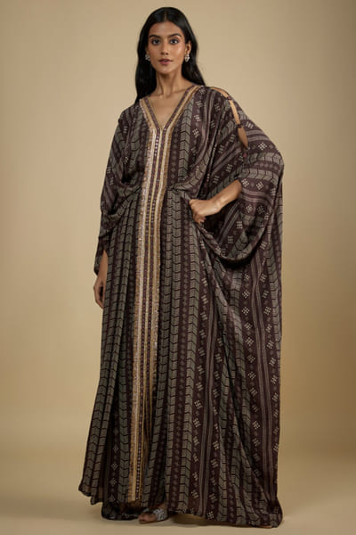 Brown printed and embroidered kaftan