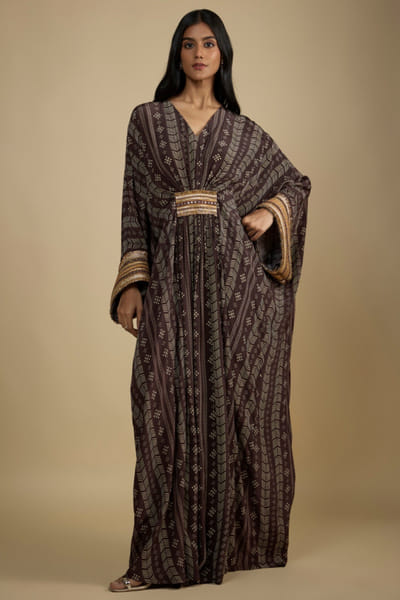 Brown embroidered and printed kaftan