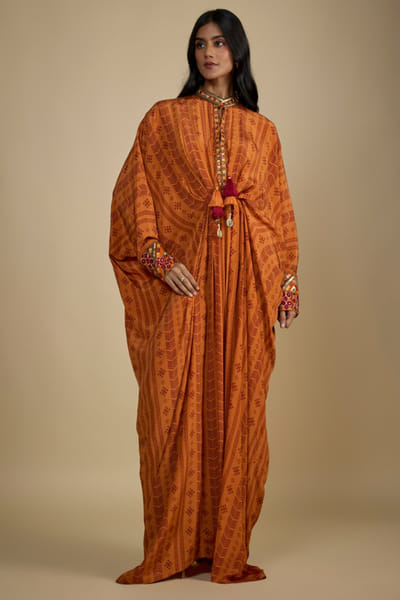Orange printed and embroidered kaftan