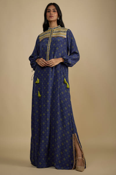 Blue printed and embroidered kaftan dress