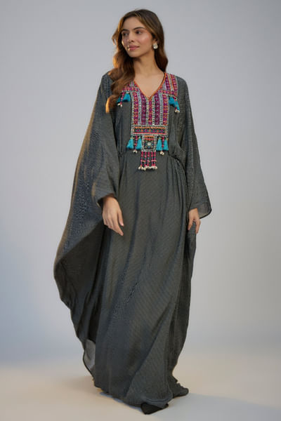Black printed and draped kaftan