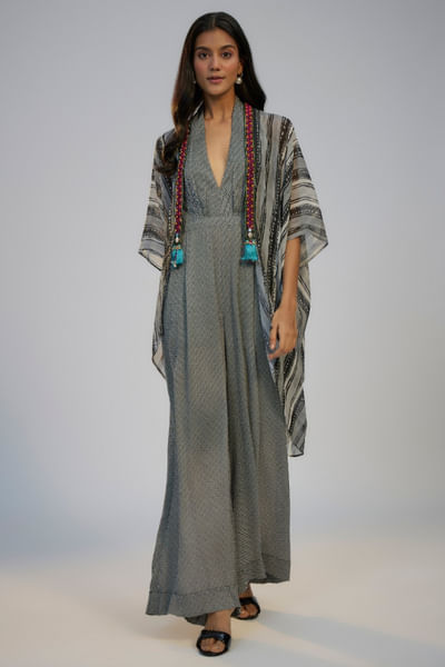 Black printed jumpsuit and cape set