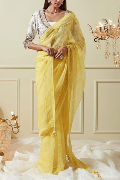 Yellow and ivory organza sari set