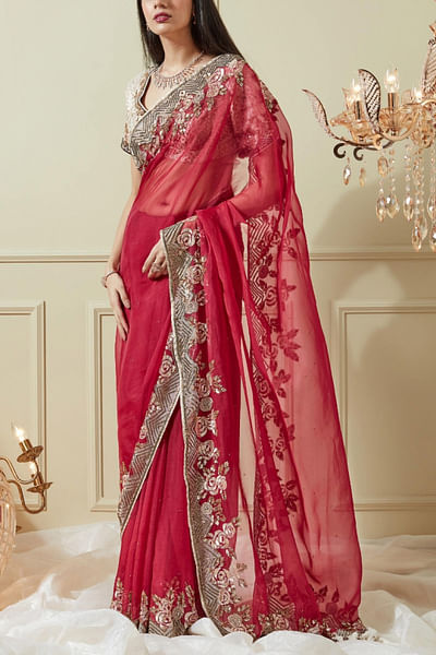 Maroon embroidered sari set