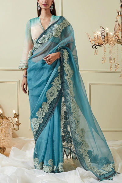 Teal embroidered sari set