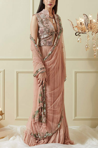 Old rose embellished sari set