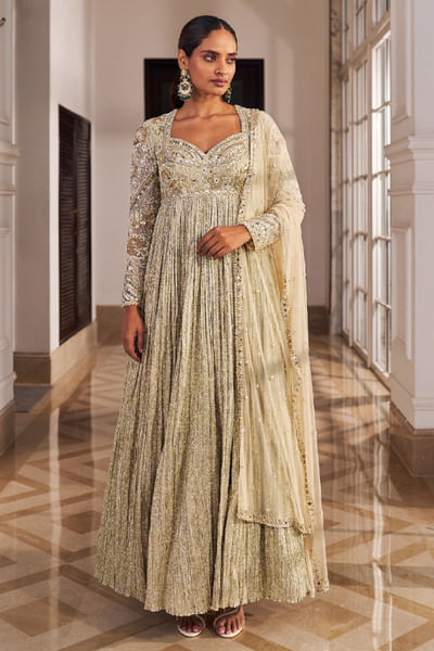 Gold hand embroidered anarkali set