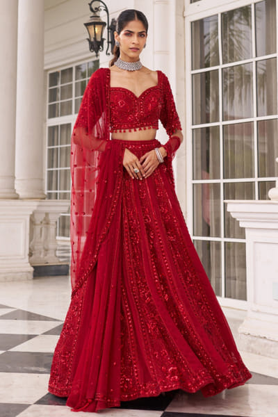 Nidhika Shekhar Red floral embroidered lehenga set NIDOCT25D135599