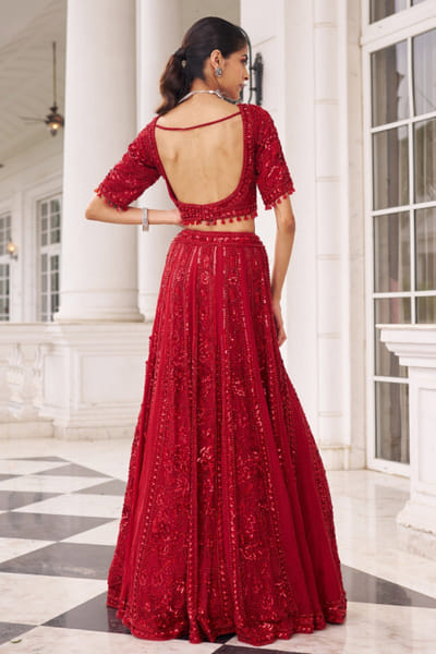Nidhika Shekhar Red floral embroidered lehenga set NIDOCT25D135599
