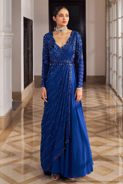 Inky blue embroidered and draped anarkali set