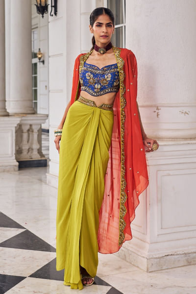 Multicolor embroidery cape and dhoti skirt set
