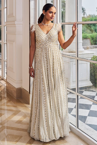 Grey sequin and pearl embroidered gown