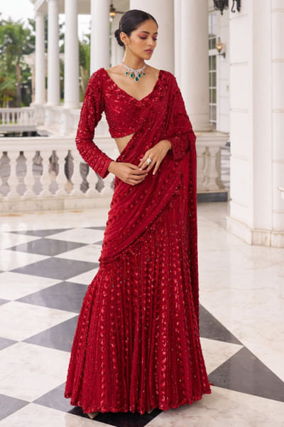 Red tonal sequin embroidered drape lehenga set