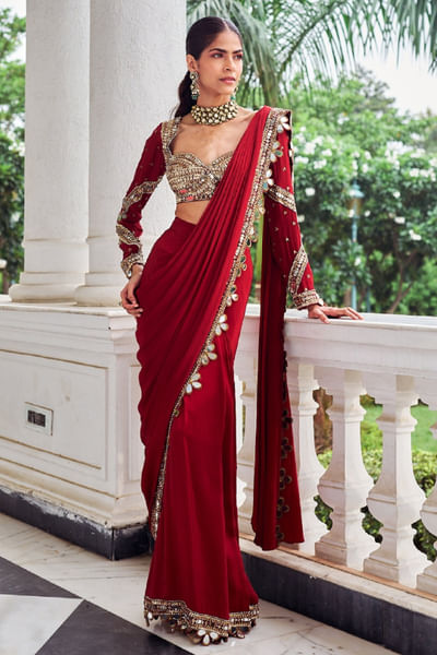 Red mirror embellished drape sari set