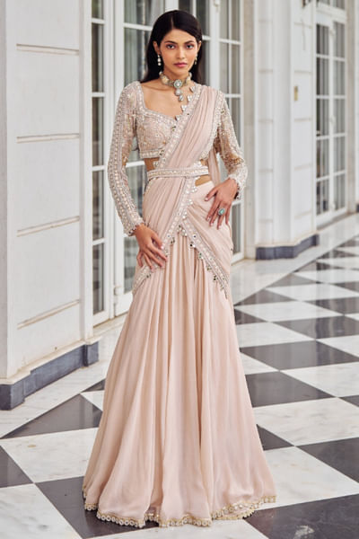 Rose pink embroidered draped lehenga sari set