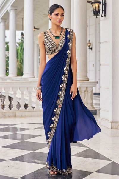 Purple mirror embroidered sari set