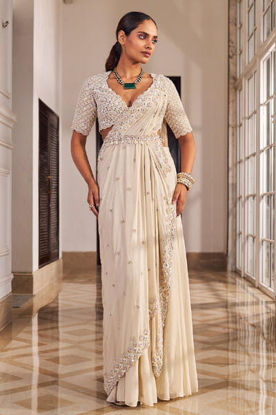 Champagne embroidered and belted sari set