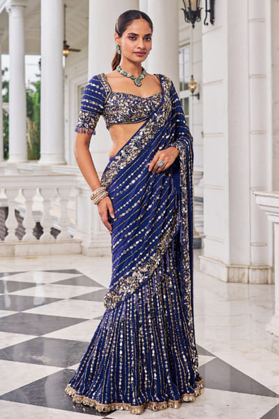 Nidhika Shekhar Purple embroidered drape sari set NIDOCT25D135590