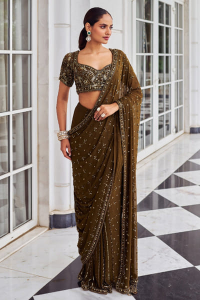 Nidhika Shekhar Copper floral embroidered sari set NIDOCT25D135591