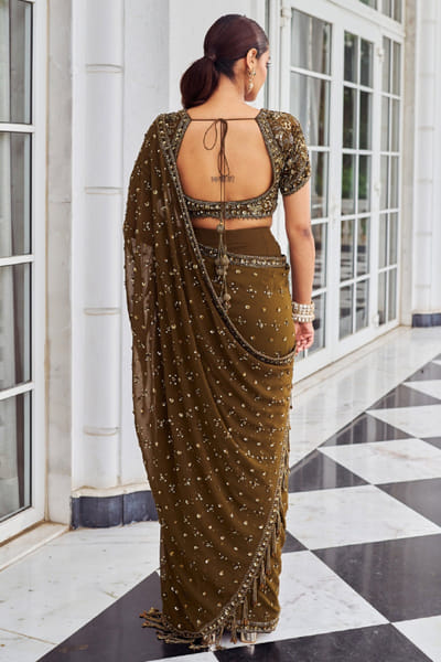 Nidhika Shekhar Copper floral embroidered sari set NIDOCT25D135591